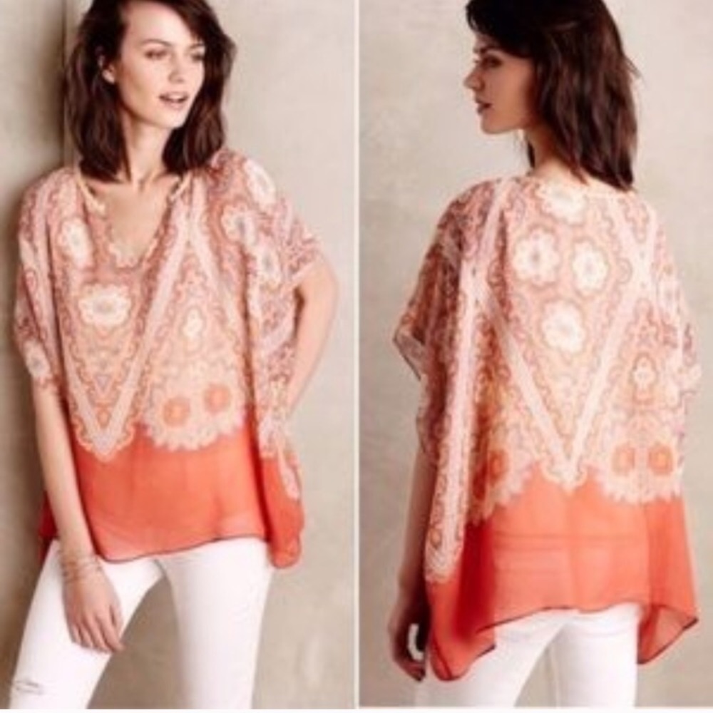 Maeve Coral and Ivory Sheer Printed Blouse
